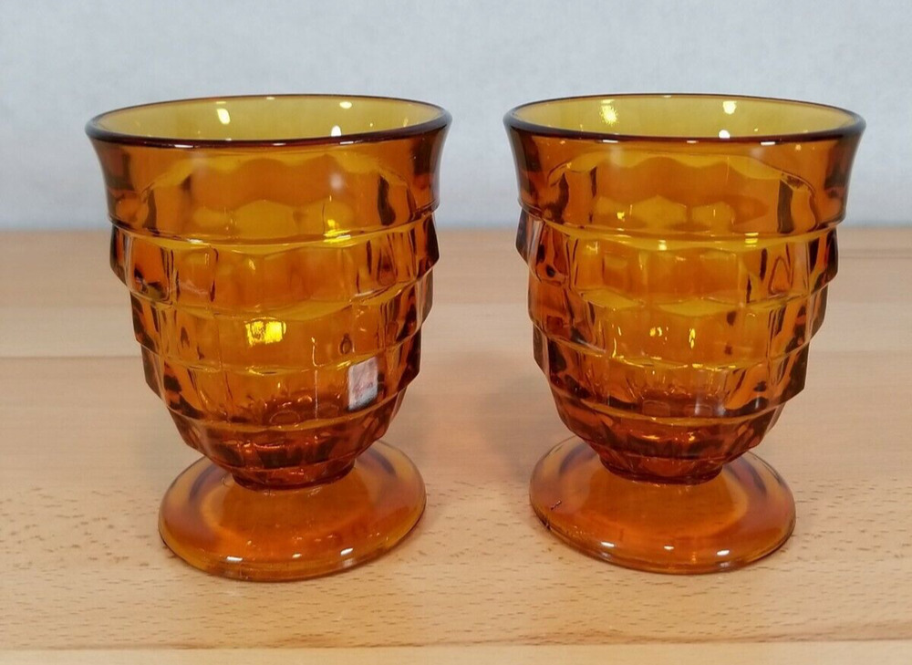 2 INDIANA WHITEHALL 10 OZ AMBER WATER GLASSES FOOTED GOBLETS CUBIST